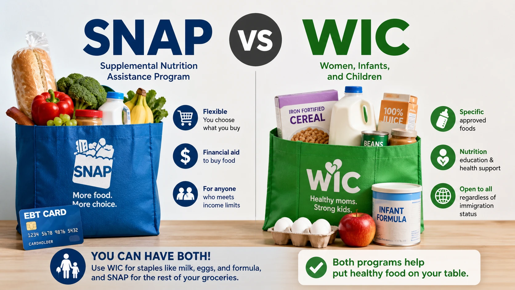 SNAP vs WIC comparison showing benefits, eligibility, and food options